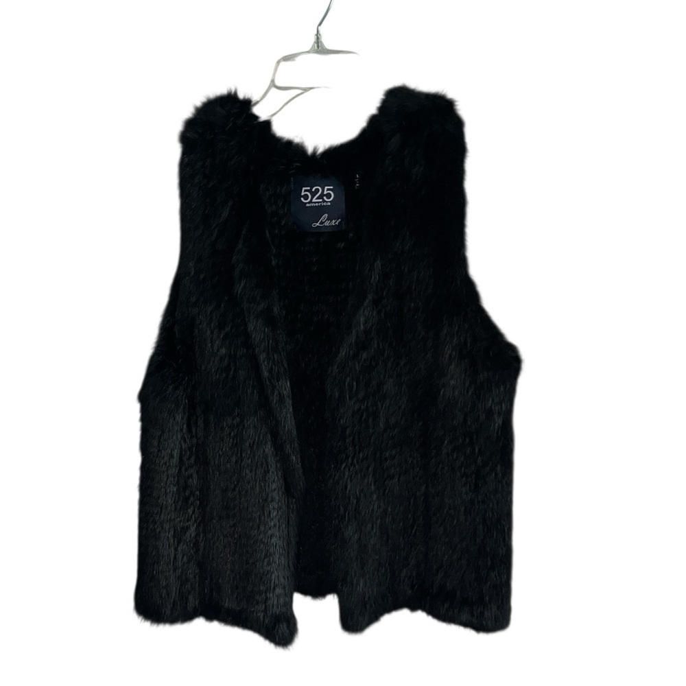 525 America LUXE Black Dyed Rabbit Fur Open Front Waist Length Vest Womens Large - Picture 3 of 9